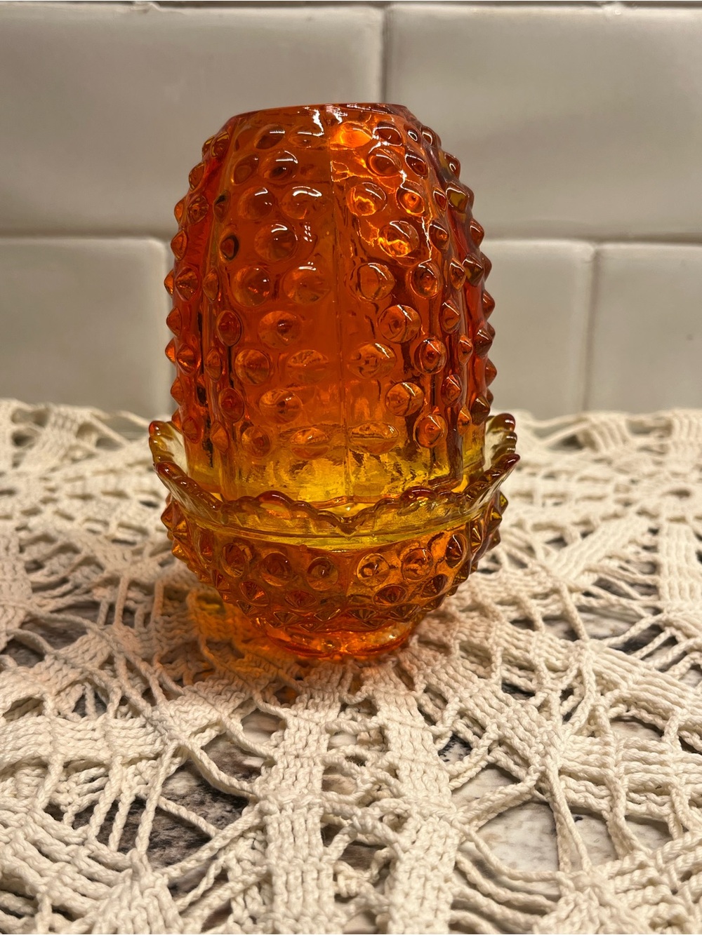 Vintage FENTON MCM Hobnail Fairy Lamp in Orange / Persimmon